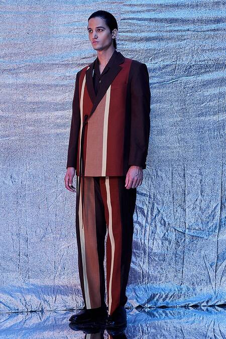 Shop_Line Out Line_Brown Cotton Plain Stripe Panelled Blazer_Online_at_Aza_Fashions