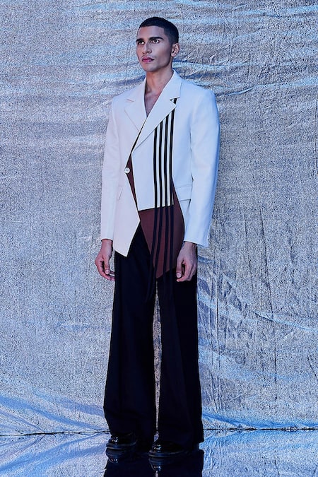Shop_Line Out Line_White Cotton Embroidered Fringe Tassels Asymmetric Notched Collar Jacket_Online_at_Aza_Fashions