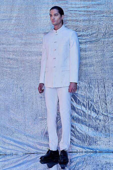 Buy_Line Out Line_White Cotton Embroidery Bandhgala_Online_at_Aza_Fashions