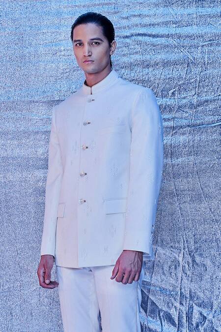 Shop_Line Out Line_White Cotton Embroidery Bandhgala_Online_at_Aza_Fashions