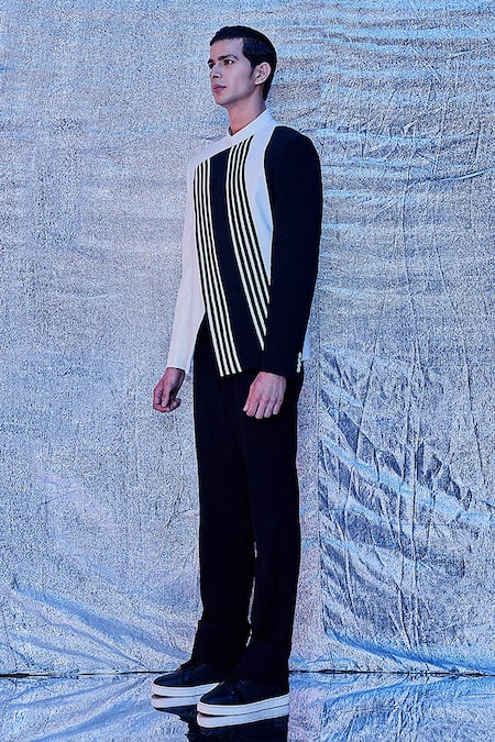 Line Out Line Black Cotton Stripe Asymmetric Overlap Panelled Bandhgala With Pant Online at Aza Fashions Line Out Line_Black Cotton Stripe Asymmetric Overlap Panelled Bandhgala With Pant_Online_at_Aza_Fashions