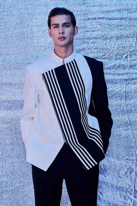 Buy Line Out Line Black Cotton Stripe Asymmetric Overlap Panelled Bandhgala With Pant Online at Aza Fashions Buy_Line Out Line_Black Cotton Stripe Asymmetric Overlap Panelled Bandhgala With Pant_Online_at_Aza_Fashions