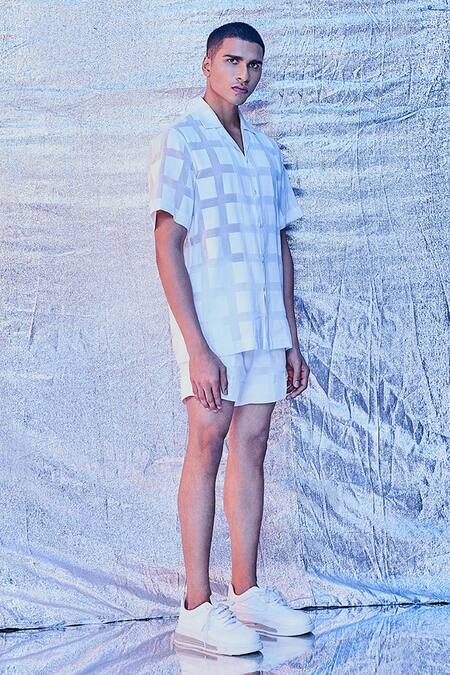 Line Out Line_White Jacquard Cotton Window Pane Shirt With Shorts_Online_at_Aza_Fashions