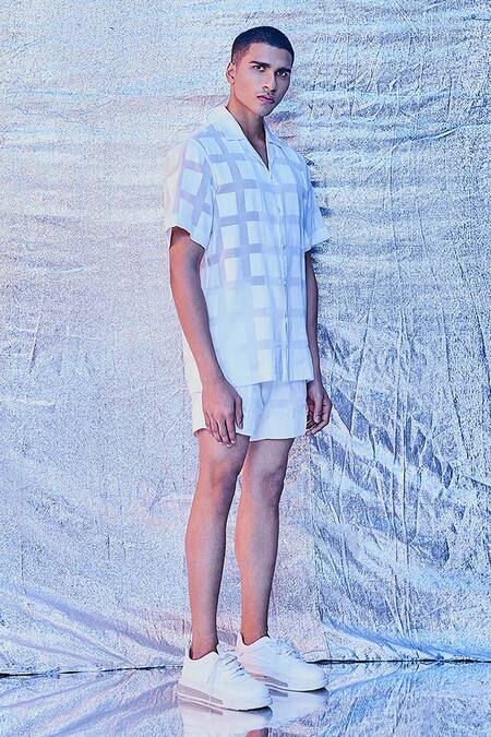Line out line_White Jacquard Cotton Geometric Window Pane Resort Shirt_Online_at_Aza_Fashions