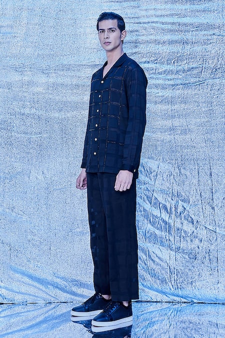 Line Out Line_Black Jacquard Cotton Embroidery Cutdana Window Pane Shirt_Online_at_Aza_Fashions