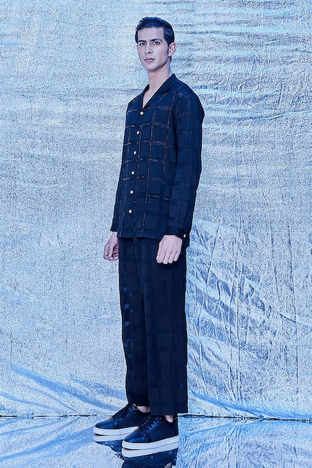 Line Out Line_Blue Cotton Threadwork Checkered Shirt And Pant Set_Online_at_Aza_Fashions