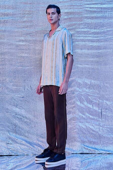 Buy_Line Out Line_Brown Cotton Solid Stitchline Straight- Fit Pant_Online_at_Aza_Fashions