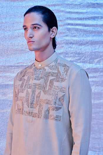 Line Out Line_Beige Cotton Embroidery Placket Kurta And Pant Set_Online_at_Aza_Fashions
