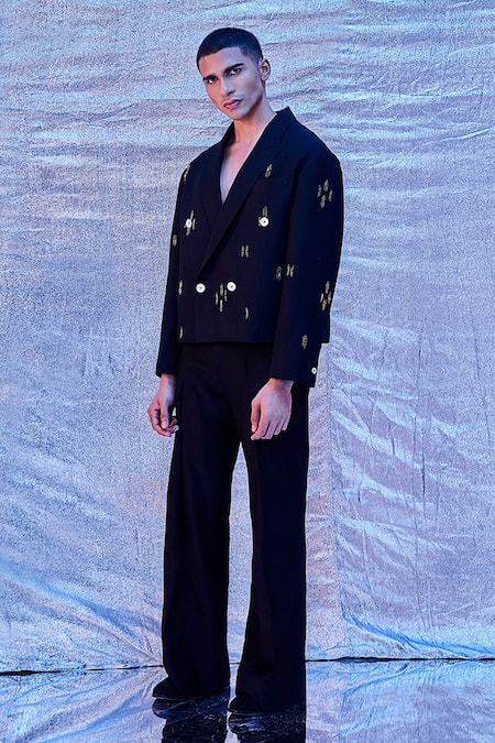 Line Out Line_Black Cotton Embroidered Cut Dana Work Crop Blazer_at_Aza_Fashions