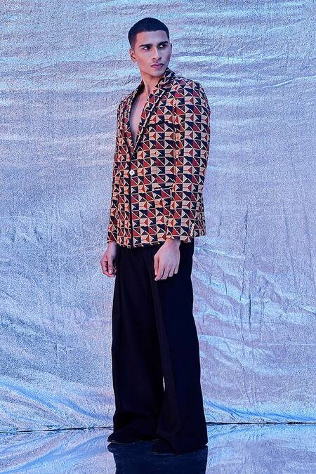 Line Out Line_Brown Cotton Poplin Printed Geometric Blazer_at_Aza_Fashions