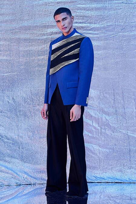 Buy_Line Out Line_Blue Cotton Embroidery Moderne Bandhgala_Online_at_Aza_Fashions