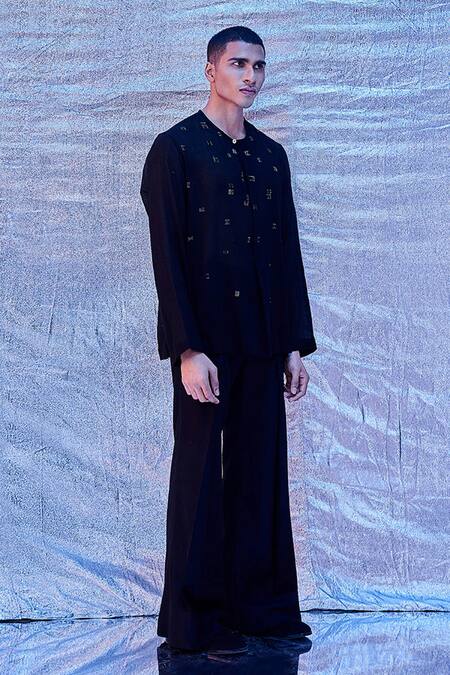 Shop_Line Out Line_Black Cotton Embroidery Scattered Sheer Shirt_Online_at_Aza_Fashions