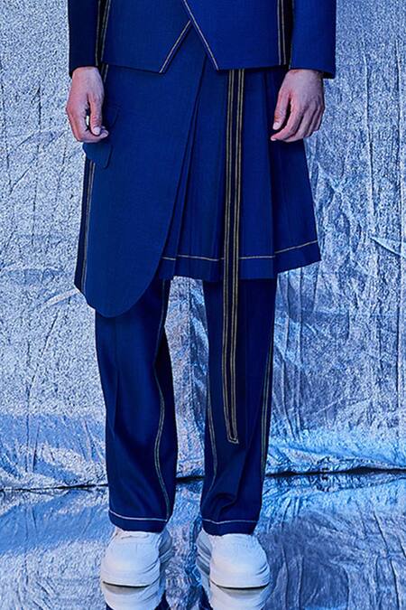 Line Out Line_Blue Cotton Solid Stitchline Pant_Online_at_Aza_Fashions