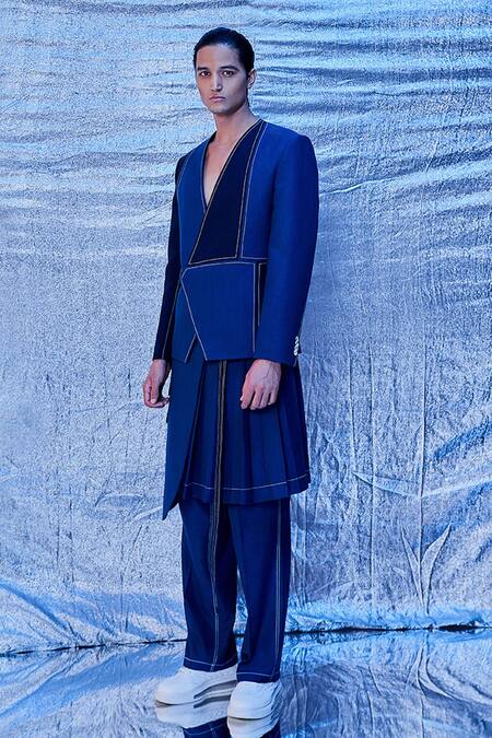 Buy_Line Out Line_Blue Cotton Solid Stitchline Pant_Online_at_Aza_Fashions