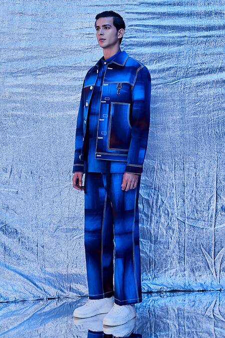 Shop_Line Out Line_Blue Cotton Printed And Embroidered Haze & Thread Stitch Work Bomber Jacket_Online_at_Aza_Fashions