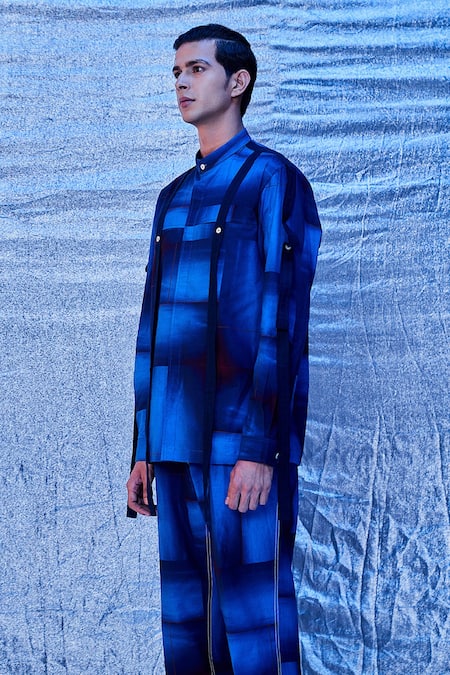 Line Out Line_Blue Cotton Poplin Interwoven Mandarin Collar Shirt With Pant_Online_at_Aza_Fashions