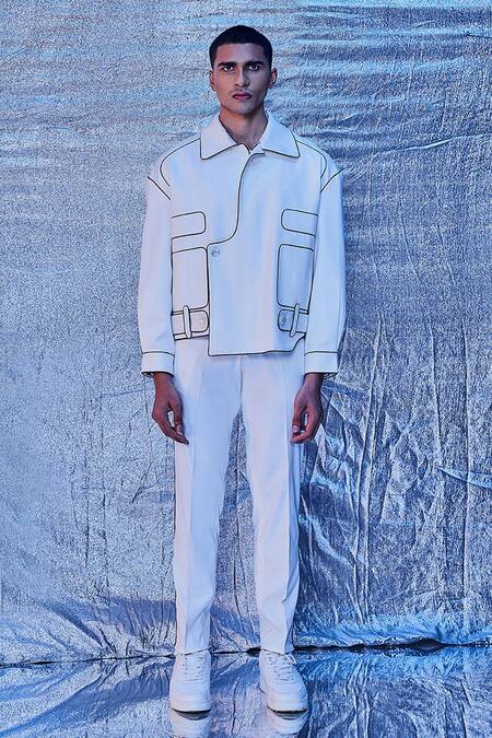 Line Out Line_Off White Cotton Embroidered Patch Work And Piping Asymmetric Bomber Jacket_at_Aza_Fashions