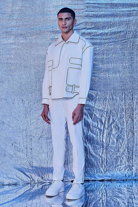 Line Out Line_White Cotton Piping Oversized Boxy Bomber With Trouser_Online_at_Aza_Fashions