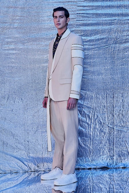 Buy_Line Out Line_Cream Cotton Embroidered Patch Work And Piping Color Black Tie-up Blazer_Online_at_Aza_Fashions