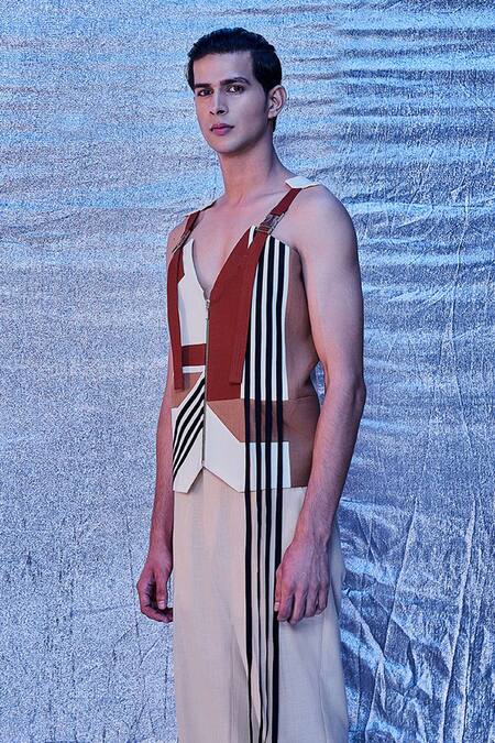 Shop_Line Out Line_Cream Cotton Deco Pattern Vest Jacket_Online_at_Aza_Fashions