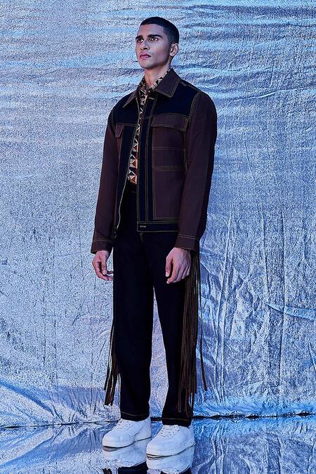 Line Out Line_Black Cotton Fringes Bomber And Pant Set_Online_at_Aza_Fashions