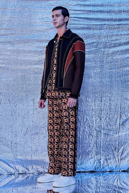 Line Out Line_Multi Color Cotton Patch Work And Embroidered Arch Pattern & Block Bomber Jacket_at_Aza_Fashions