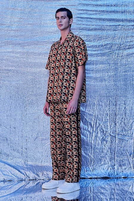 Line Out Line_Multi Color Cotton Poplin Printed Geometrical Shirt And Pyjama Set_Online_at_Aza_Fashions