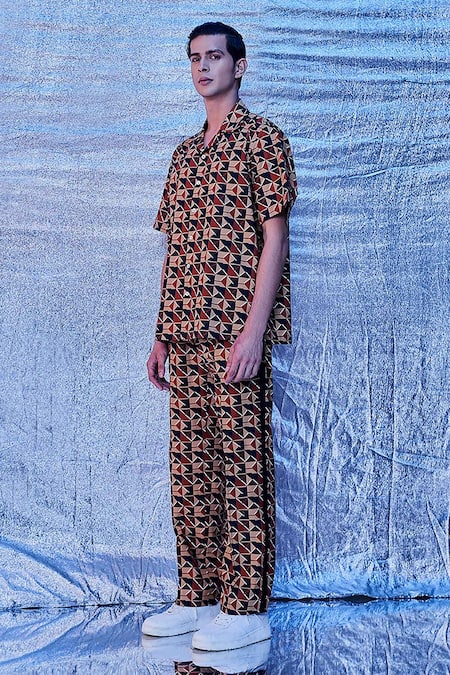 Line Out Line_Brown Cotton Poplin Print Chevron Geo Resort Shirt_Online_at_Aza_Fashions