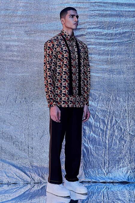 Shop_Line Out Line_Brown Cotton Poplin Print Chevron Geo Shirt_Online_at_Aza_Fashions