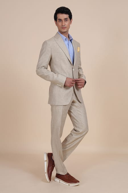 Raghavendra Rathore Blue_Beige Linen Suit And Pant Set _Online_at_Aza_Fashions