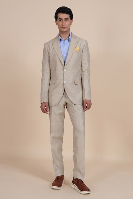 Shop_Raghavendra Rathore Blue_Beige Linen Suit And Pant Set _Online_at_Aza_Fashions