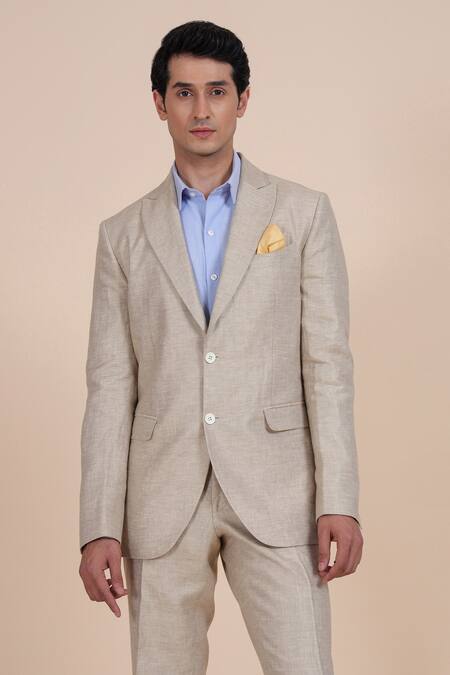 Raghavendra Rathore Blue_Beige Linen Suit And Pant Set _at_Aza_Fashions