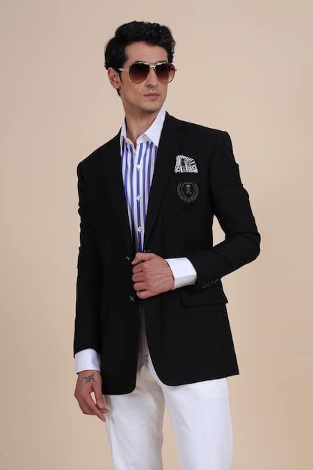 Raghavendra Rathore Blue_Black Wool Notched Lapel Jacket _at_Aza_Fashions