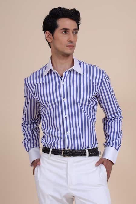 Raghavendra Rathore Blue_Blue Cotton Stripe Shirt _at_Aza_Fashions