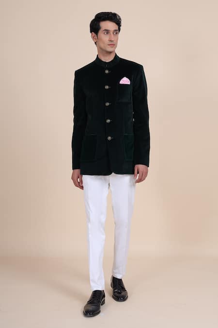 Shop_Raghavendra Rathore Blue_Green Velvet Bandhgala _Online_at_Aza_Fashions