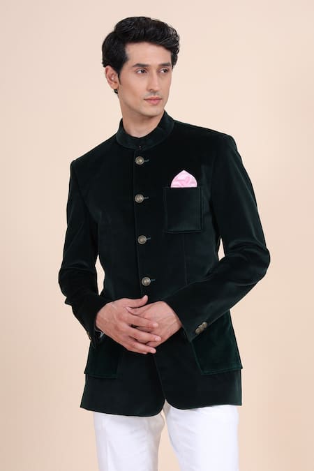 Raghavendra Rathore Blue_Green Velvet Bandhgala _at_Aza_Fashions