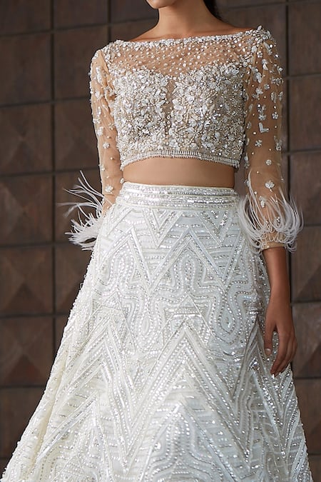 Nadine Dhody_White Tulle Sequins, Embroidery Boat Neck Olivia Geometric Lehenga And Blouse Set _Online_at_Aza_Fashions