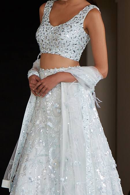 Nadine Dhody_Blue Tulle Sequins, Pearls, Mirrors Natalia Embroidered Bridal Lehenga Set _Online_at_Aza_Fashions
