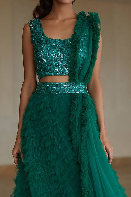 Nadine Dhody Green Tulle Sequins Round Neck Ruffle Lehenga Set Online at Aza Fashions Nadine Dhody_Green Tulle Sequins Round Neck Ruffle Lehenga Set _Online_at_Aza_Fashions