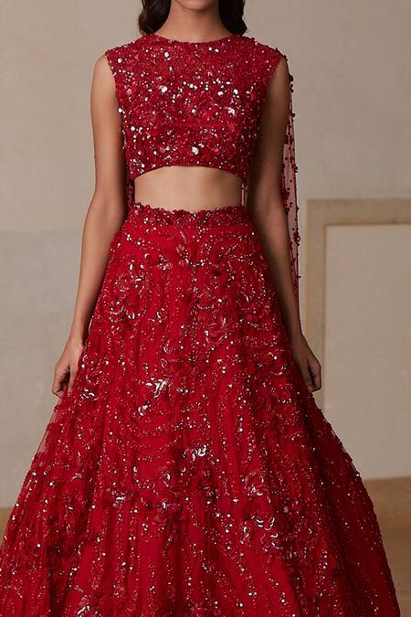 Nadine Dhody Red Tulle Sequins Round Neck Laura Draped Blouse And Lehenga Set Online at Aza Fashions Nadine Dhody_Red Tulle Sequins Round Neck Laura Draped Blouse And Lehenga Set _Online_at_Aza_Fashions