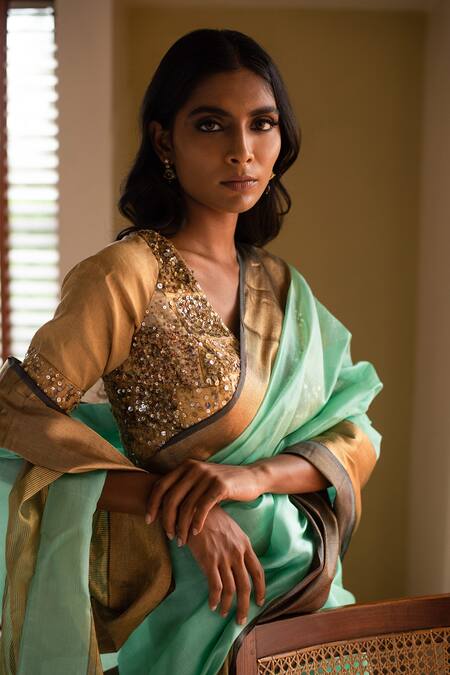 Priyanka Raajiv_Blue Silk Chanderi Thread Saree_Online_at_Aza_Fashions