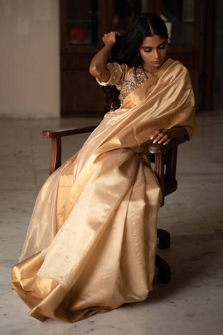 Priyanka Raajiv_Beige Silk Chanderi Thread Saree_Online_at_Aza_Fashions