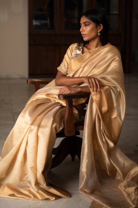 Buy_Priyanka Raajiv_Beige Silk Chanderi Thread Saree_Online_at_Aza_Fashions