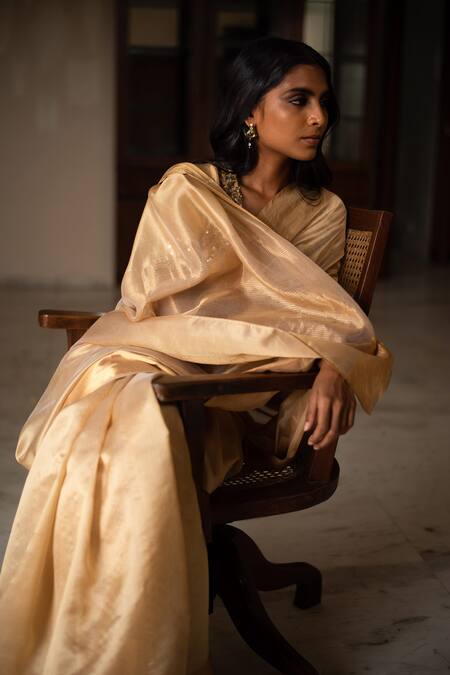 Shop_Priyanka Raajiv_Beige Silk Chanderi Thread Saree_Online_at_Aza_Fashions