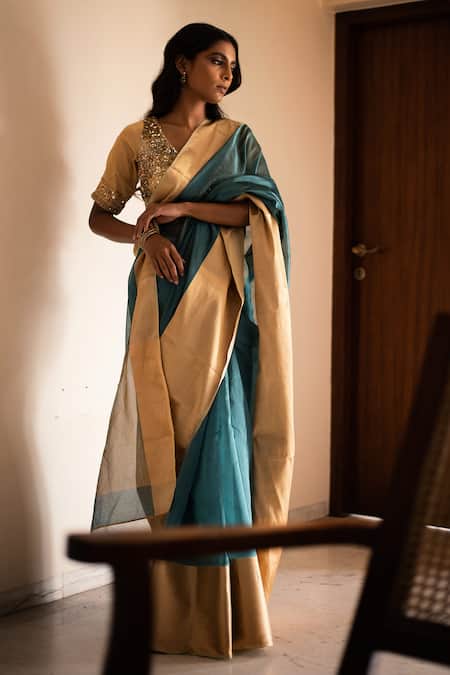 Priyanka Raajiv Blue Silk Chanderi Woven Thread Saree
