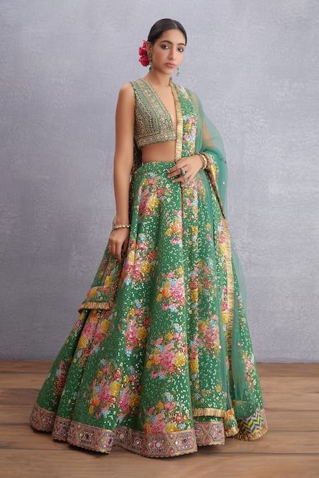 Shop_Torani_Green Lehenga Pure Cotton Silk And Sequin Fabric Panna Aastika Bridal Set _at_Aza_Fashions