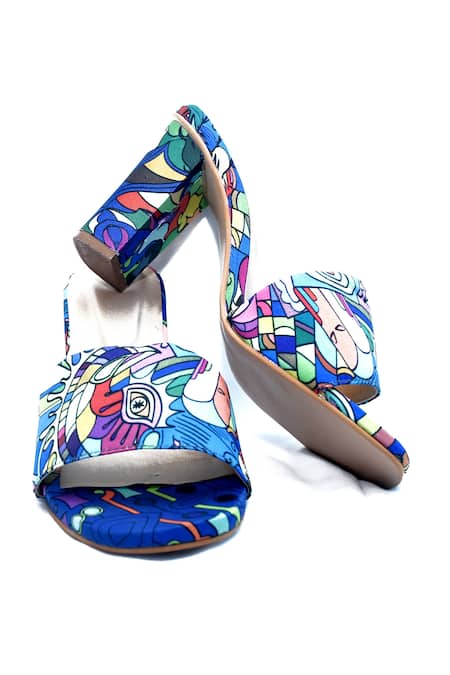 Foot Fuel_Blue Embroidery Loved Abstract Print Block Heels _Online_at_Aza_Fashions