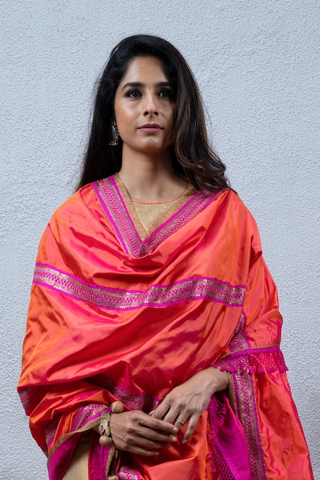 Shop Latha Puttanna Orange Silk Embroidered Dupatta at Aza Fashions Shop_Latha Puttanna_Orange Silk Embroidered Dupatta _at_Aza_Fashions