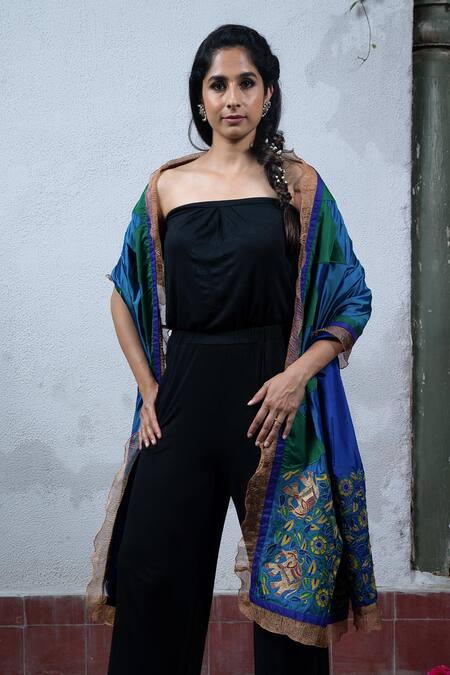 Shop Latha Puttanna Blue Silk Embroidered Dupatta at Aza Fashions Shop_Latha Puttanna_Blue Silk Embroidered Dupatta _at_Aza_Fashions