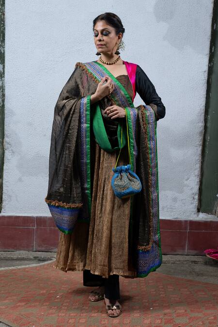 Shop_Latha Puttanna_Black Silk Embroidered Dupatta _at_Aza_Fashions